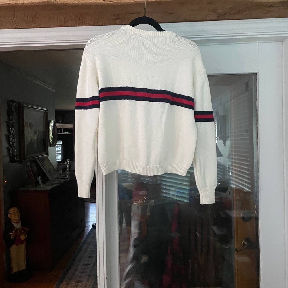 Brandy Melville Cream Crewneck Sweater with Navy and Red Stripes - Picture 2 of 3